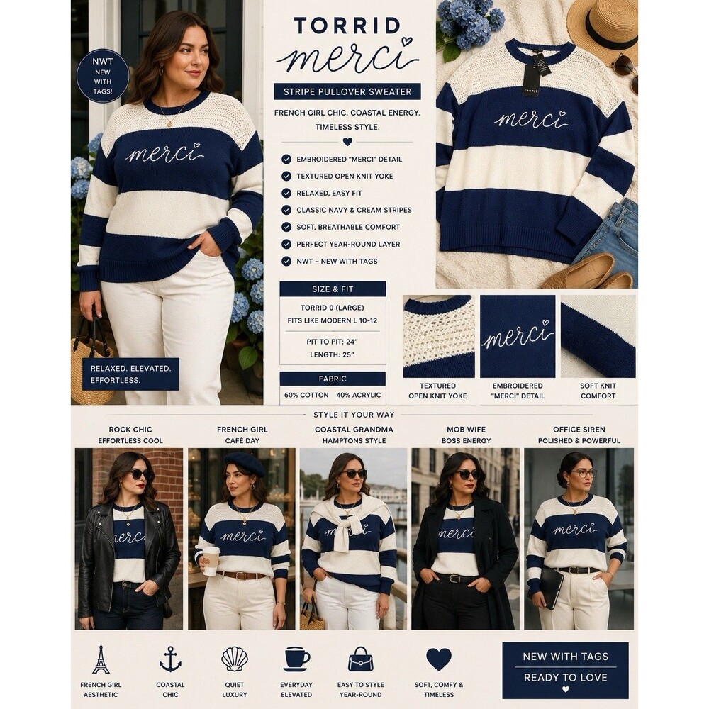 NWT Torrid Merci Stripe Sweater French Girl Coastal Grandmillennial 0 L